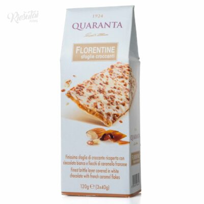 „QUARANTA“ krokano batonėliai su karamelės gabaliukais, padengti baltuoju šokoladu, 120 g