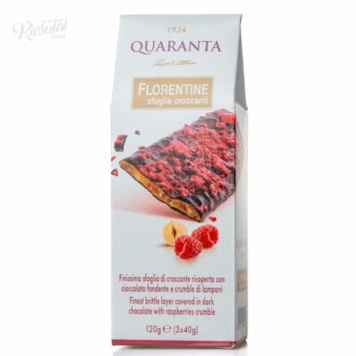 „QUARANTA“ krokano batonėliai su liofilizuotomis avietėmis, padengti juoduoju šokoladu, 120 g